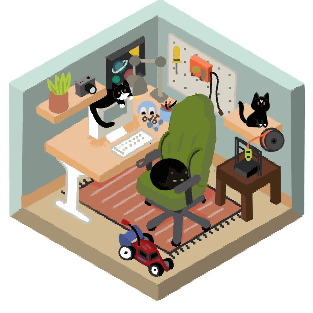 A cozy isometric pixel-art workspace with cats, tools, a desk, and creative projects