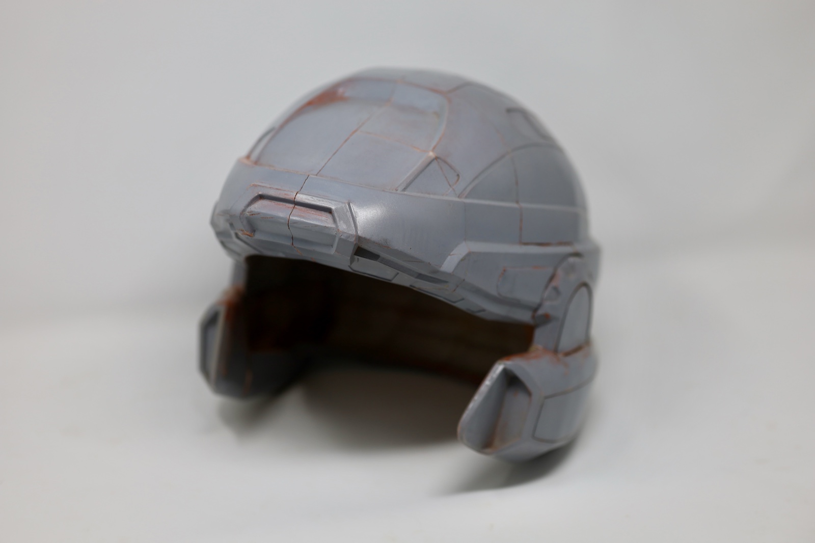 Front quarter view of a gray 3D-printed Halo-inspired trooper helmet shell