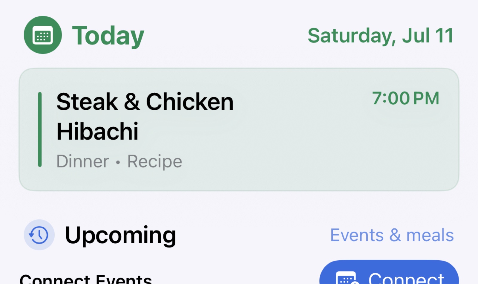 Family App plans screen showing today's dinner and upcoming events and meals