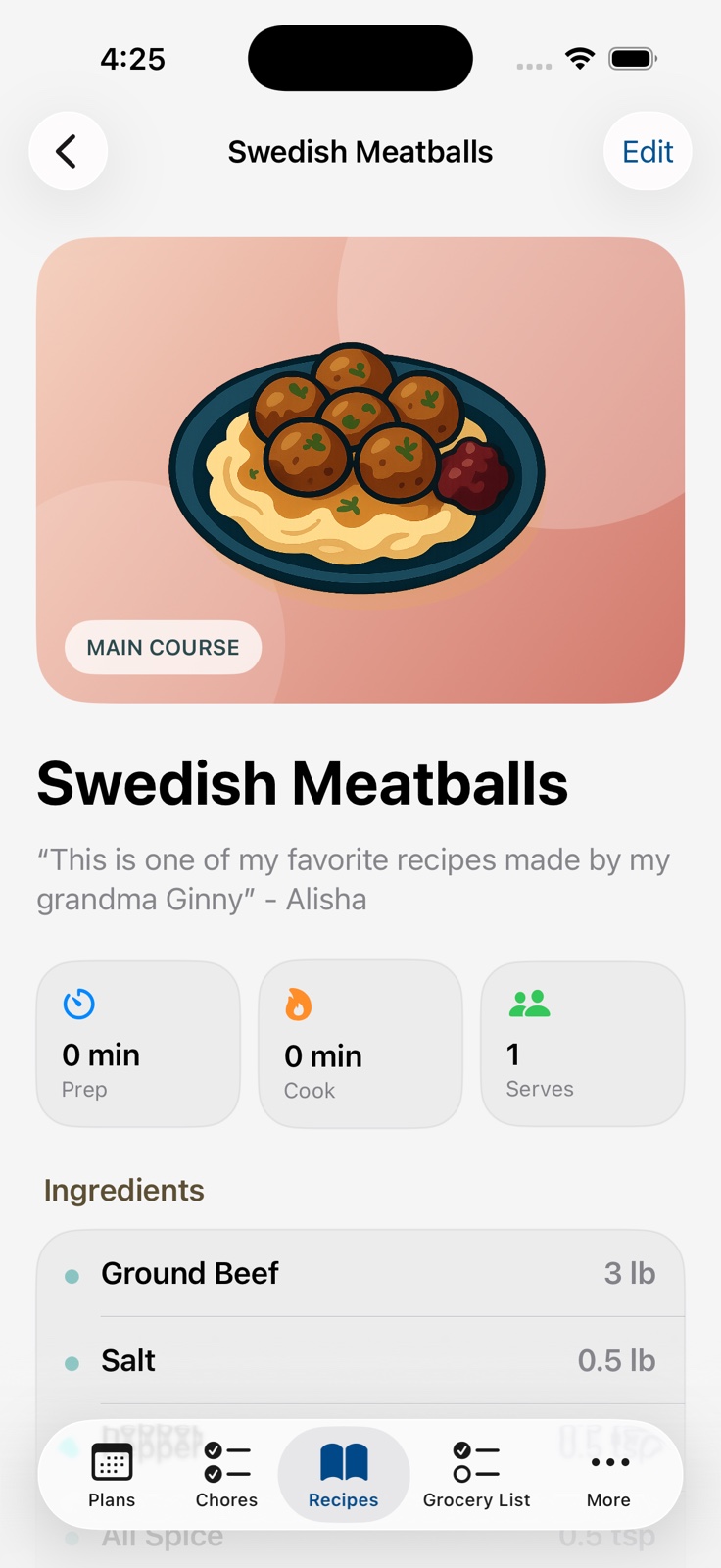 Family App recipe screen for Swedish meatballs with meal details and ingredients